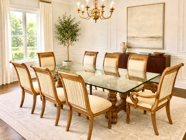 HENREDON Trestle Dining Table with Glass Top and 8 Chairs