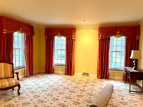 Pair of Silk Lined Curtains Drapes with Valance (3 Available)