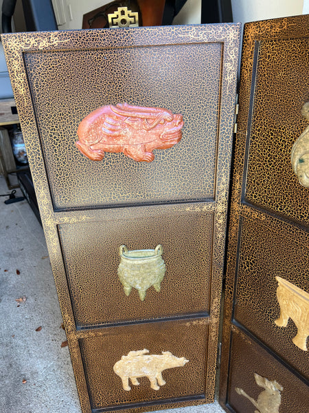 Vintage Asian Four Panel Wall Hanging or Tabletop Screen with Carved Soapstone