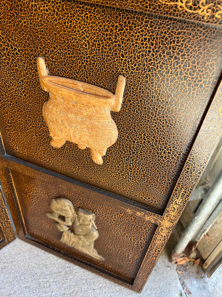 Vintage Asian Four Panel Wall Hanging or Tabletop Screen with Carved Soapstone