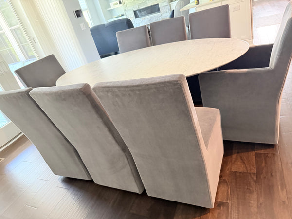 Set of 8 RESTORATION HARDWARE Ellison High Back Dining Chairs with Rollers