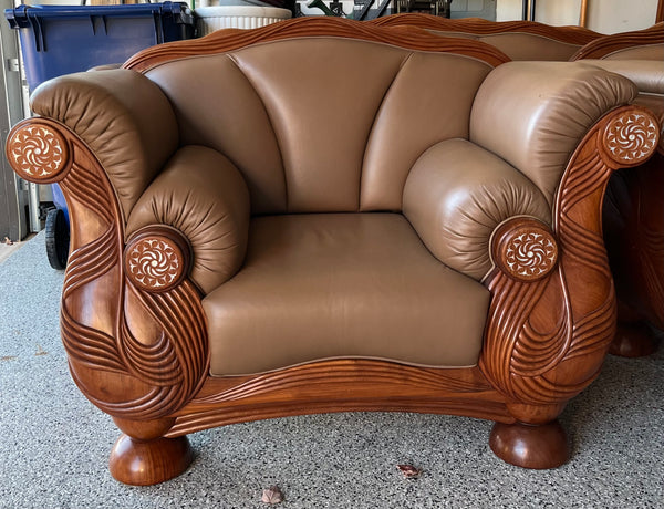 Teak, Leather and Mother of Pearl Sofa and Pair of Chairs Made in Thailand