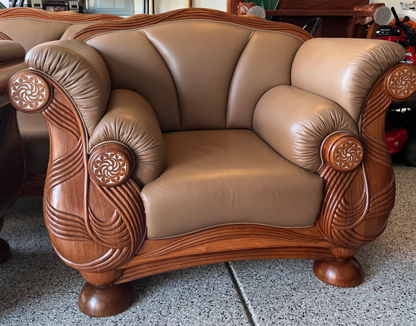 Teak, Leather and Mother of Pearl Sofa and Pair of Chairs Made in Thailand