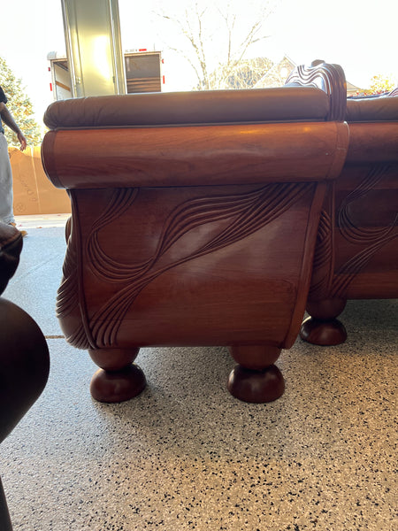 Teak, Leather and Mother of Pearl Sofa and Pair of Chairs Made in Thailand