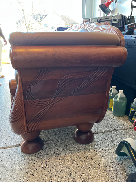 Teak, Leather and Mother of Pearl Sofa and Pair of Chairs Made in Thailand