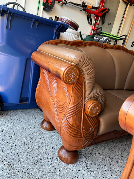 Teak, Leather and Mother of Pearl Sofa and Pair of Chairs Made in Thailand