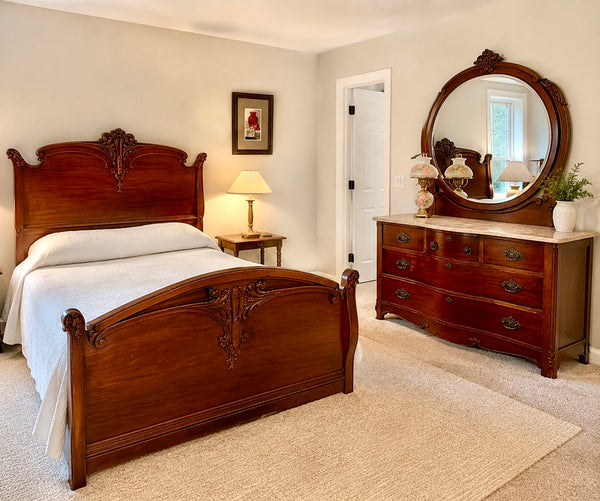 Antique French Louis XV Full Size Bed and Serpentine Front Dresser with Marble Top