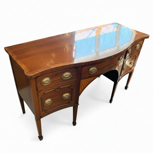 18th C George III Serpentine Mahogany Sideboard with Satinwood Fan Inlay and Side Cellarette c. 1790 from England
