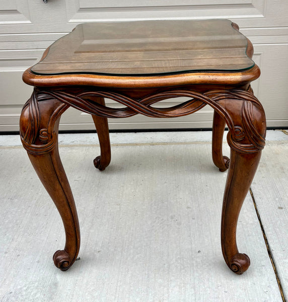 HENREDON Carved Walnut French Provincial Side Table with Glass Top