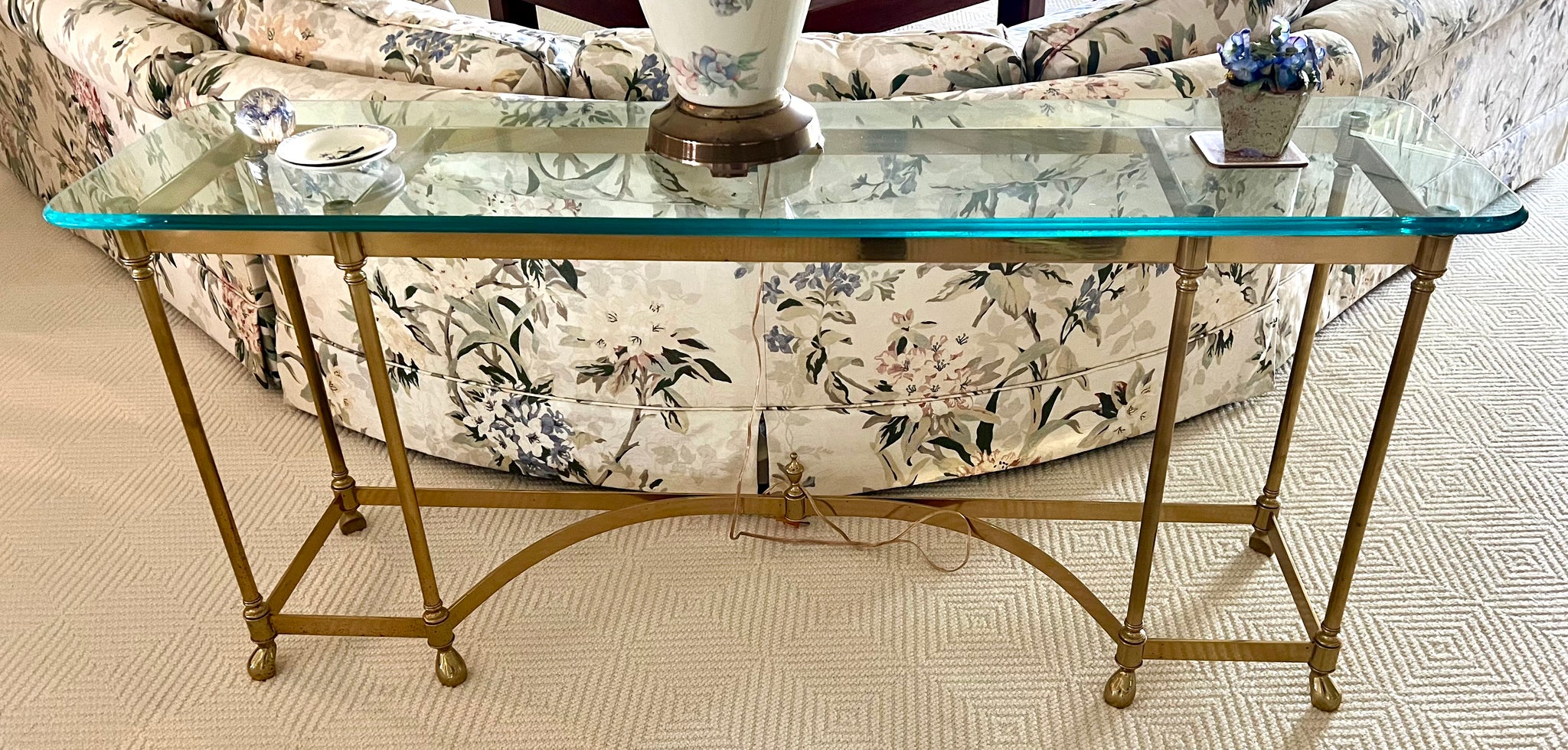 LaBarge Brass and Glass Hooved Feet Console Sofa Console Table