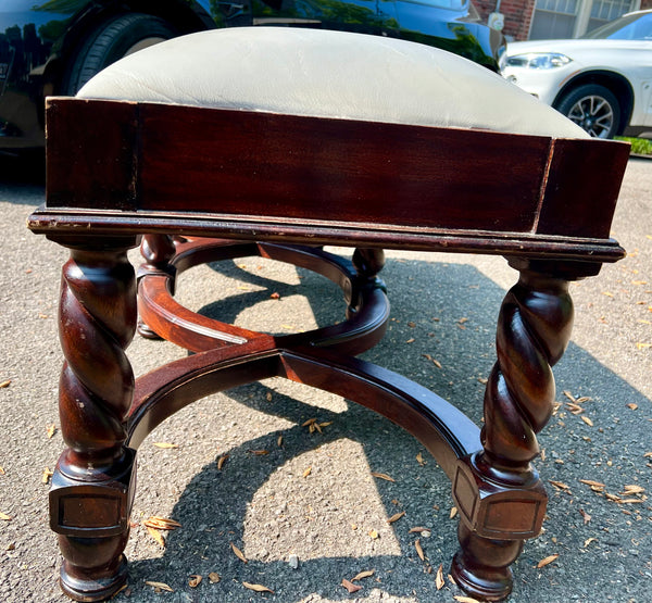 Vintage Hand Carved Gilded Wood Bench with Leather Seat
