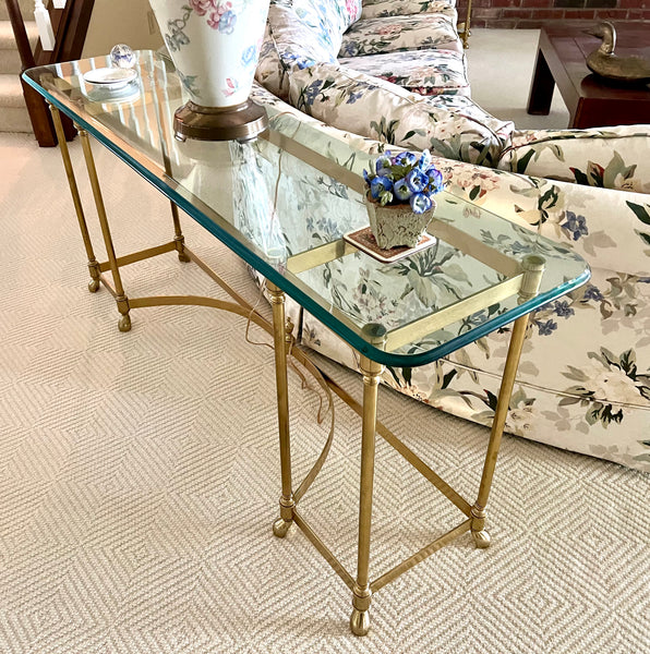 LaBarge Brass and Glass Hooved Feet Console Sofa Console Table