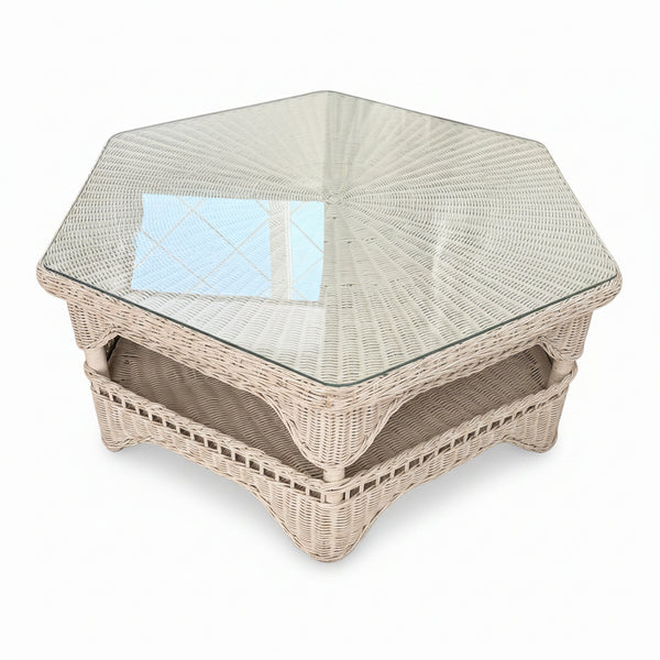 Vintage Henry Link White Rattan Hexagonal Coffee Table with Glass Top