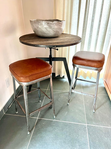 3 Piece Industrial Adjustable Pub Table and Pair of Leather Stools