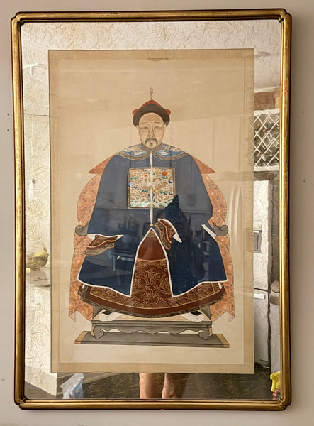 Antique Chinese Qing Dynasty Ancestor Portrait of a Civil Official, Framed Under Archival Glass
