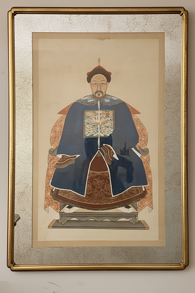 Antique Chinese Qing Dynasty Ancestor Portrait of a Civil Official, Framed Under Archival Glass