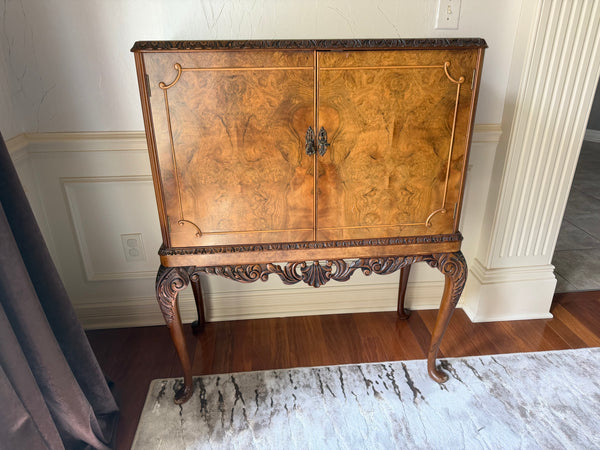 English Queen Anne Burl Walnut & Mahogany Liquor Cabinet