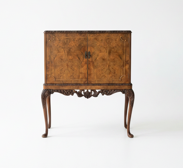 English Queen Anne Burl Walnut & Mahogany Liquor Cabinet