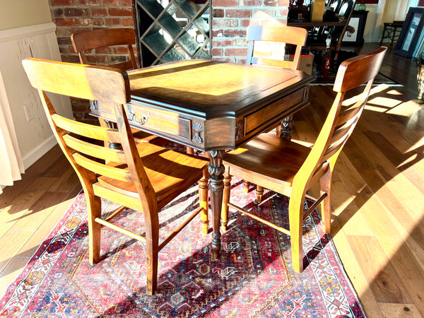 Vintage Leather Topped Game Table and 4 Chairs