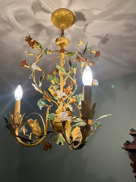 Vintage Italian Tole Metal Floral Chandelier