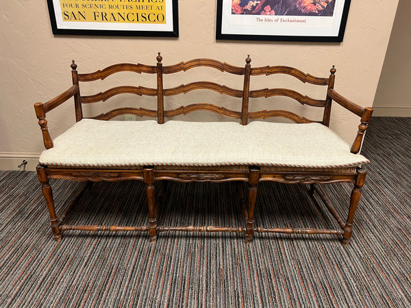 French Country Wicker Rush and Ladderback Triple Seat Bench with Cushion