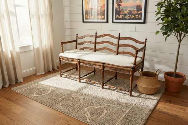 French Country Wicker Rush and Ladderback Triple Seat Bench with Cushion