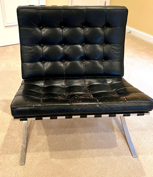 Vintage Original Mies Van Der Rohe for Knoll Barcelona Chair in Black Distressed Leather