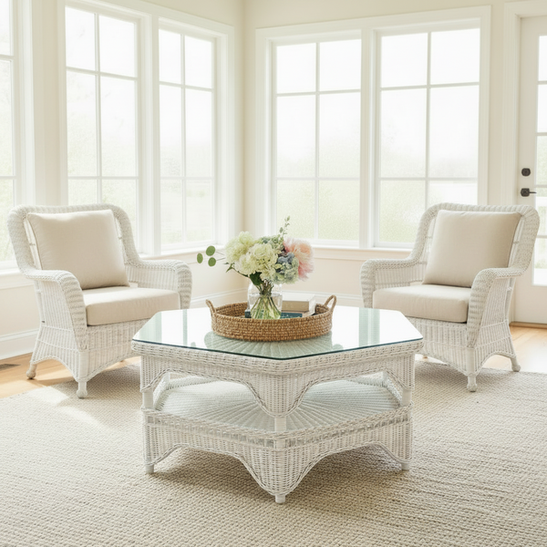 Vintage Henry Link White Rattan Hexagonal Coffee Table with Glass Top