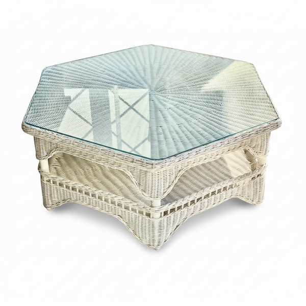 Vintage Henry Link White Rattan Hexagonal Coffee Table with Glass Top