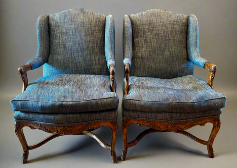 Pair of Navy Tweed Wingback Chairs