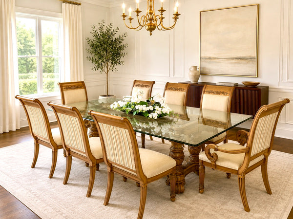 HENREDON Trestle Dining Table with Glass Top and 8 Chairs