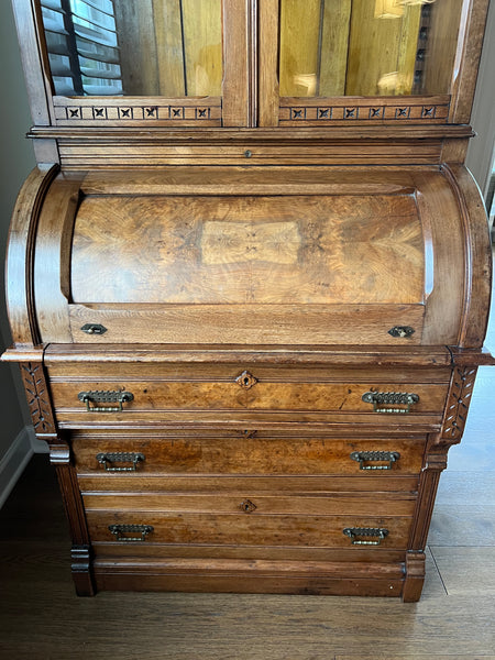Victorian Antique Burled Walnut Roll Top Secretary Desk, Bookcase
