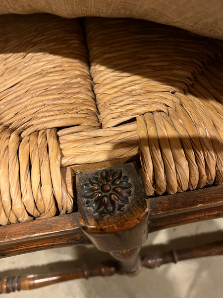 French Country Wicker Rush and Ladderback Triple Seat Bench with Cushion