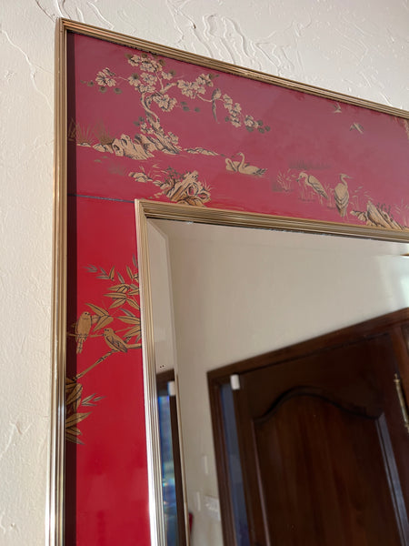 La Barge Red Beveled Chinoiserie Mirror Hand Signed by Kleiman '82