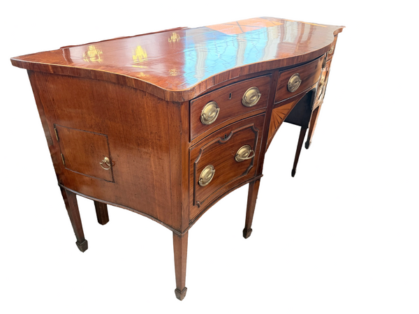 18th C George III Serpentine Mahogany Sideboard with Satinwood Fan Inlay and Side Cellarette c. 1790 from England