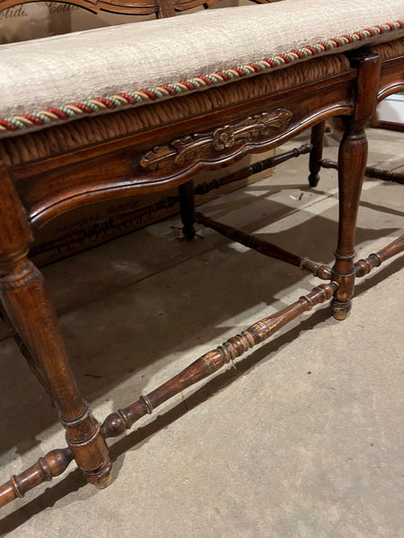 French Country Wicker Rush and Ladderback Triple Seat Bench with Cushion