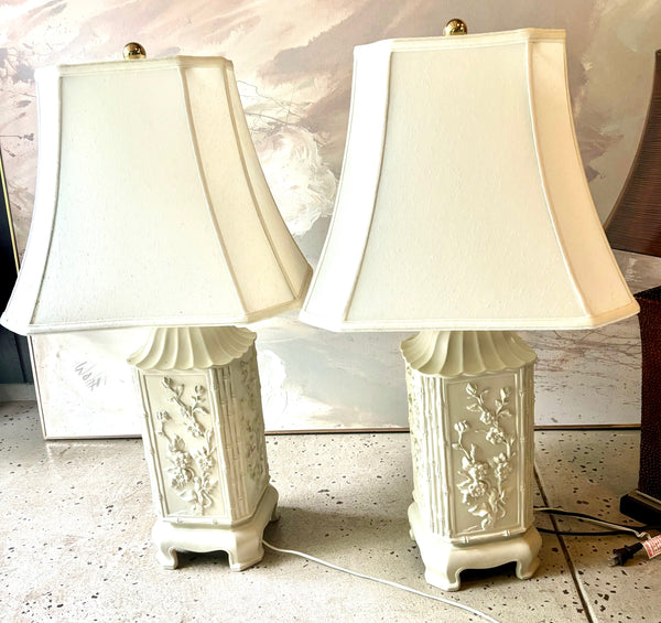 Pair of Pagoda Shaped Italian Floral Bamboo Table Lamps