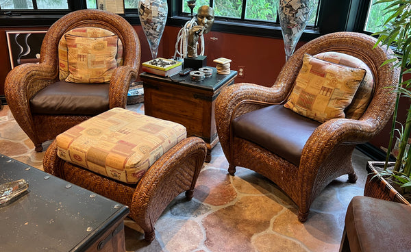 Pair of Pottery Barn Malabar Rattan Chairs and Ottoman