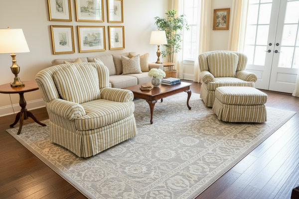 Pair of Pearson Yellow and Blue Occasional Chairs and Ottoman