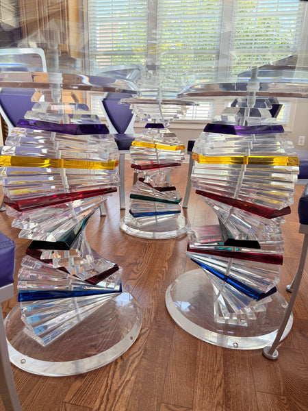 Postmodern 1980s Shlomi Haziza Stacked Multi color Acrylic Helix Dining Table - Set of 3 and Custom Kidney Shaped Glass Top