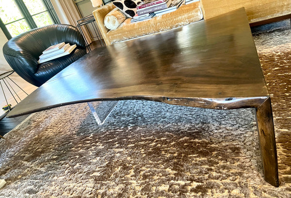 Live Edge Dark Wood Coffee Table with Lucite Base