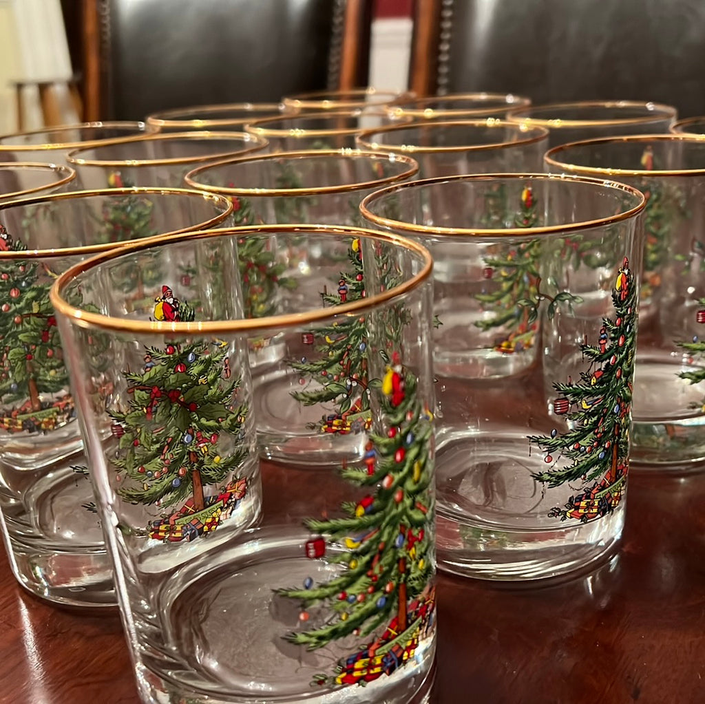 Spode Christmas Tree 12oz Wine Glass 7.25 tall gold rim set of 2 signed