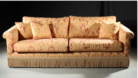 Traditional Rust and Gold Damask Fringed Couch Sofa