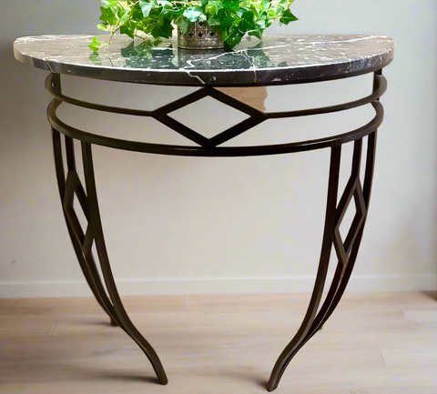 Vintage Marble and Iron Demilune Console Table