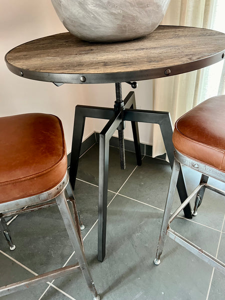 3 Piece Industrial Adjustable Pub Table and Pair of Leather Stools