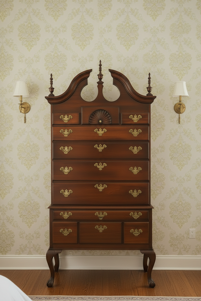 Vintage Queen Anne Style Bonnet-Top Highboy Dresser
