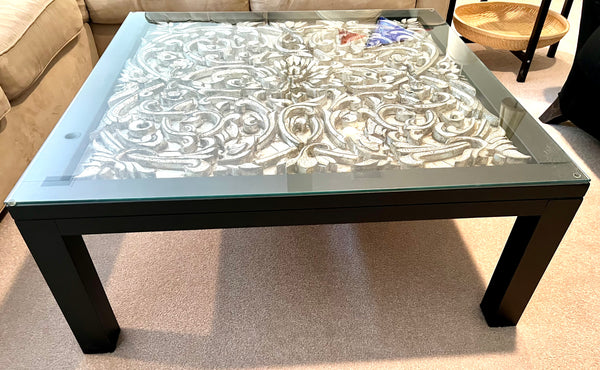 Square Indian Metal Art Coffee Table with Glass Top