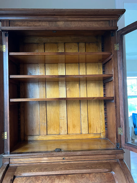 Victorian Antique Burled Walnut Roll Top Secretary Desk, Bookcase