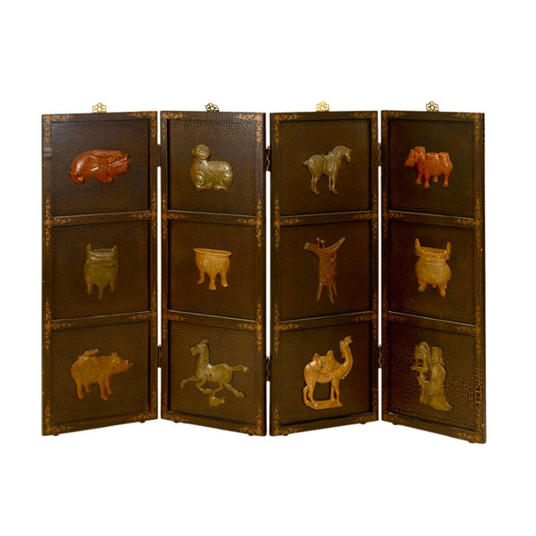 Vintage Asian Four Panel Wall Hanging or Tabletop Screen with Carved Soapstone