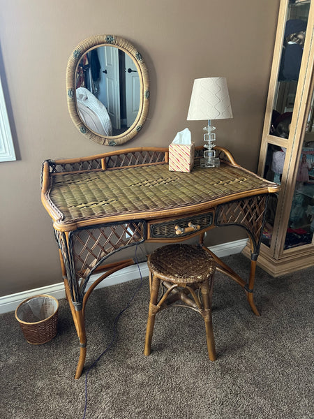 Rattan Desk Vanity, Stool and Mirror